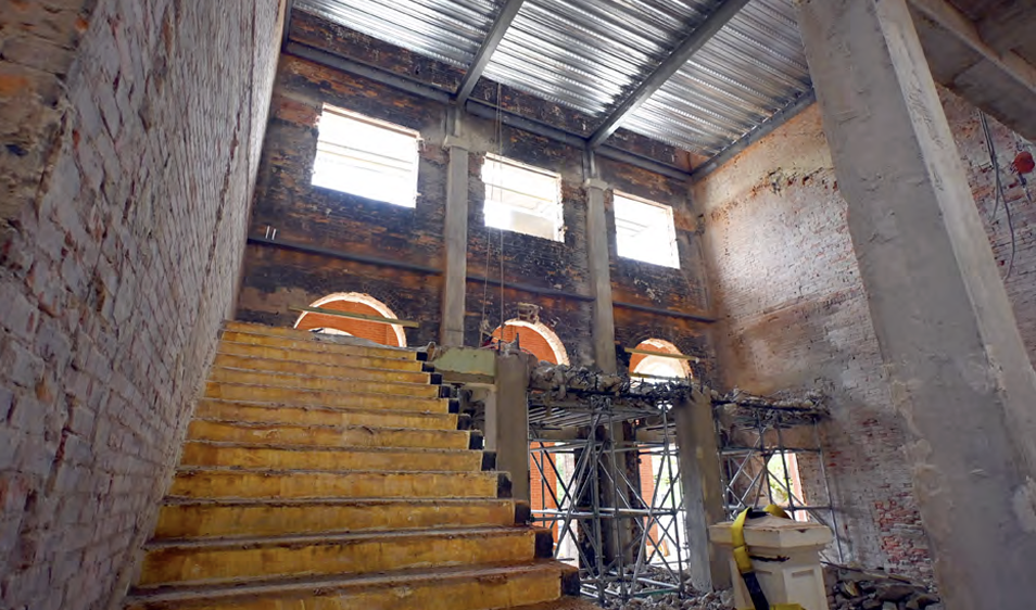 Interior photo of the main stairwell at Comer Hall during the renovation project, taken November 2025